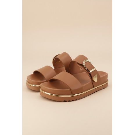 Freya Double Strap Platform Slide in oat — gold buckle accent and gold-trimmed platform sole from Thread & Clover boutique
