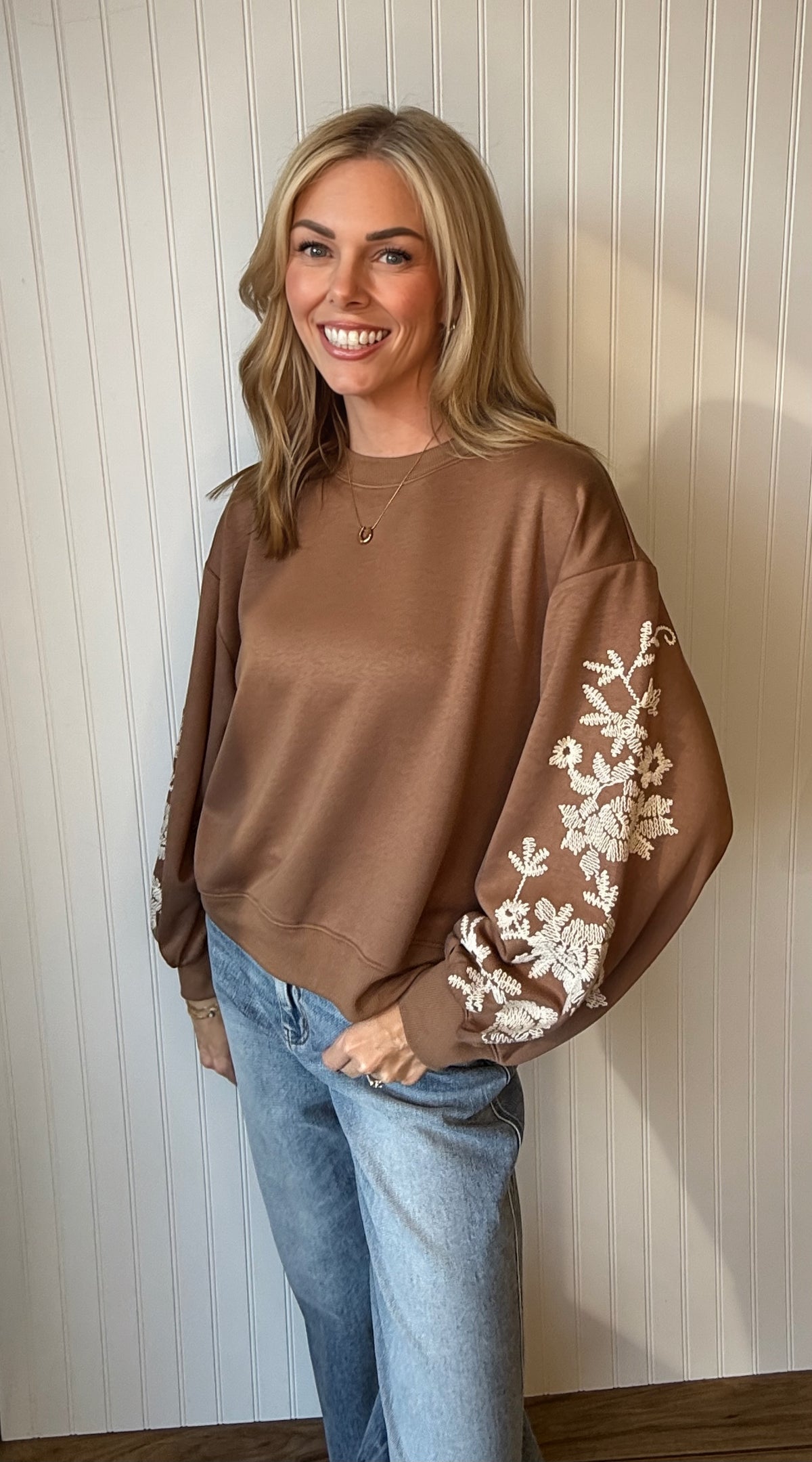 Whitley Embroidered Sleeve Scuba Sweatshirt