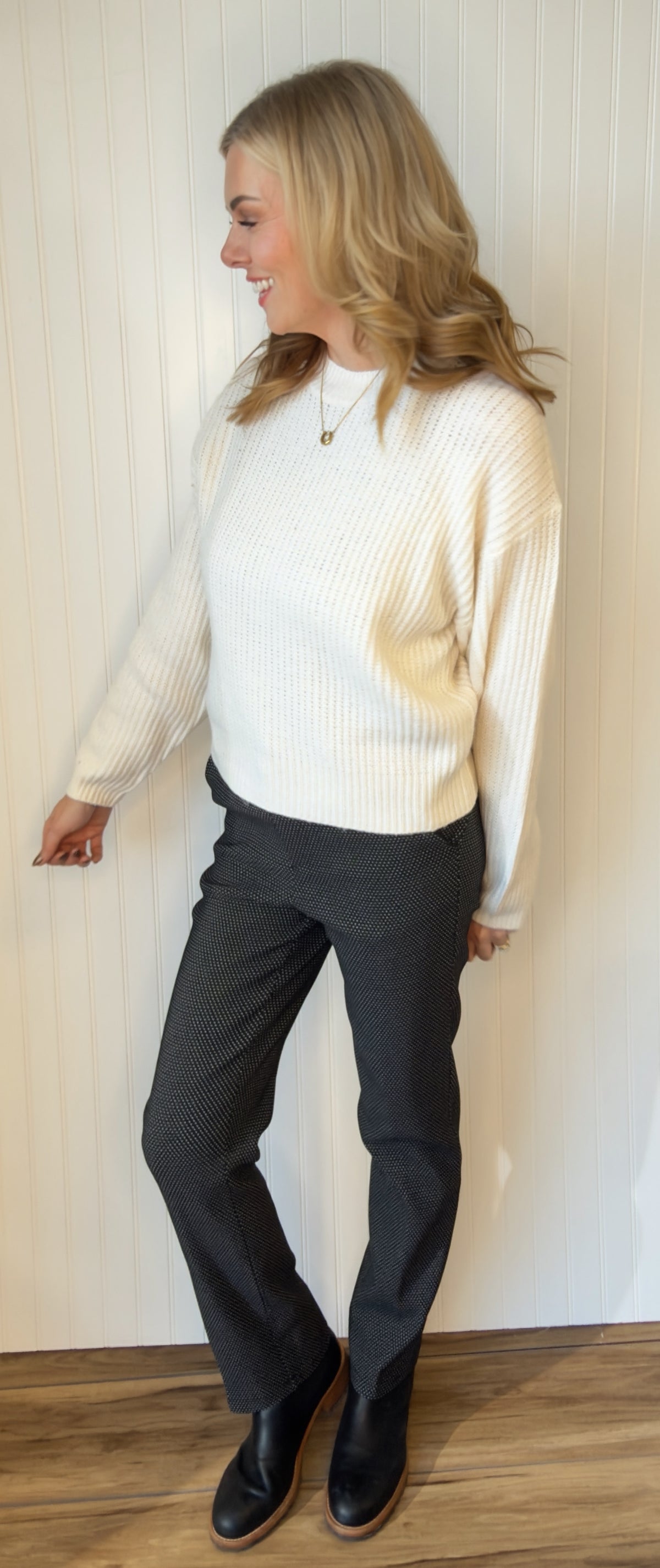 Boardroom Dot Trousers in black and white dot — dot print trousers from Thread & Clover boutique