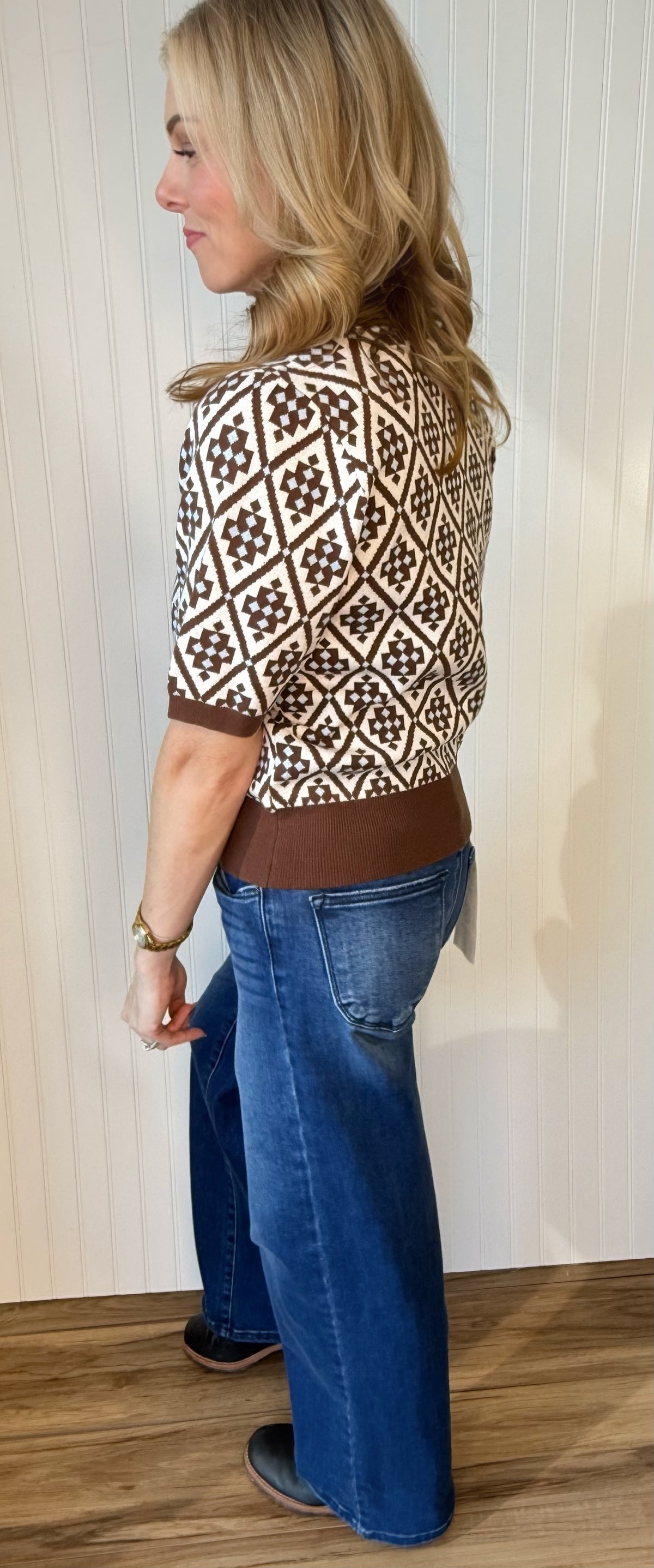 Corryn Patterned Sweater in brown — patterned knit sweater from Thread & Clover boutique