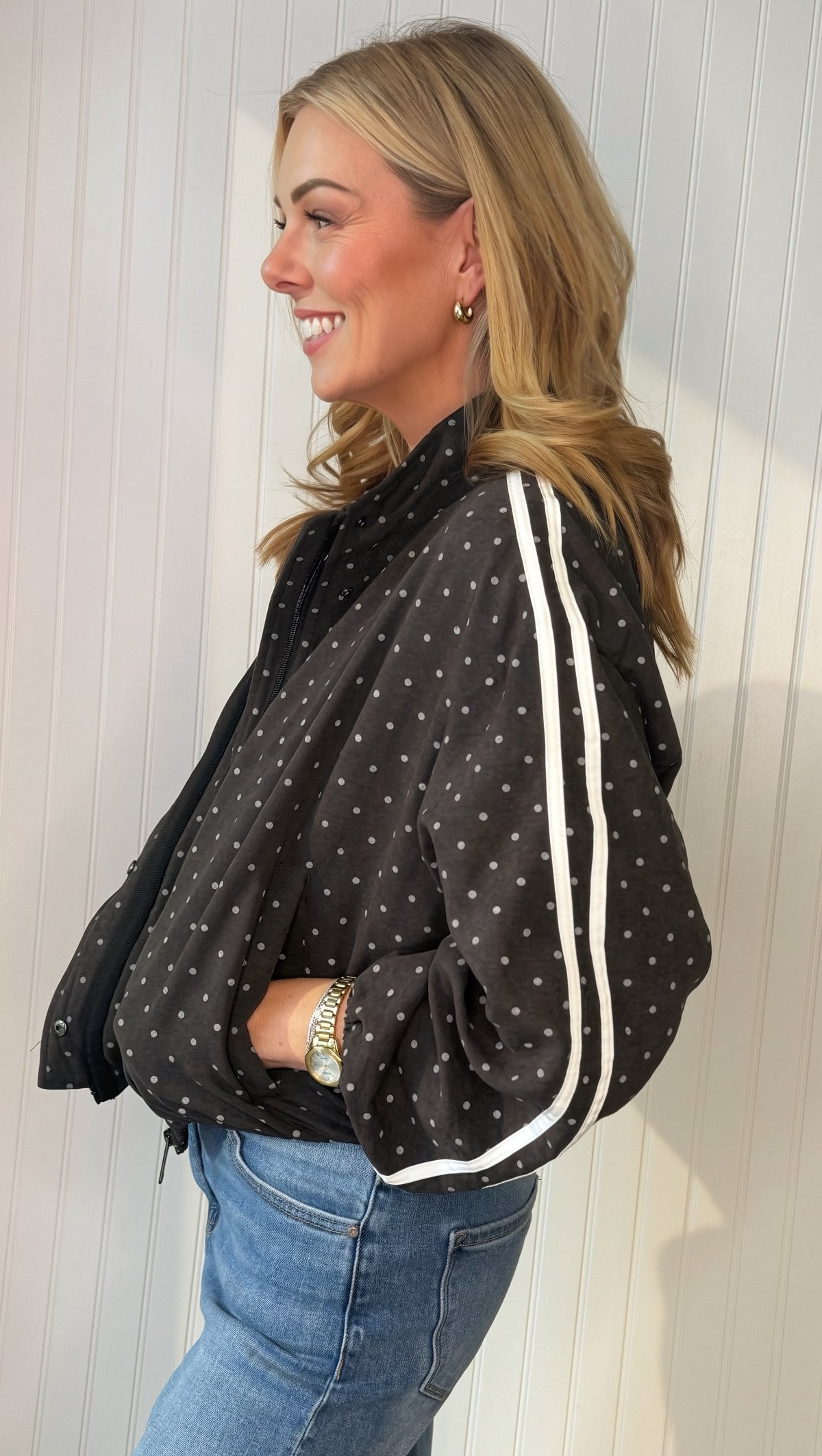 Pixie Suede-Like Cropped Zip Jacket in black polka dot — cropped zip jacket from Thread & Clover boutique