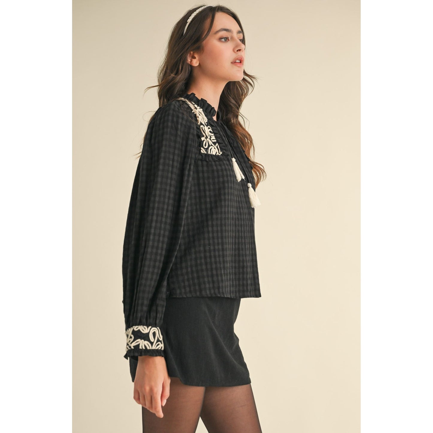 Gingham Puff Sleeve Top back view in black — long sleeve gingham top from Thread & Clover boutique