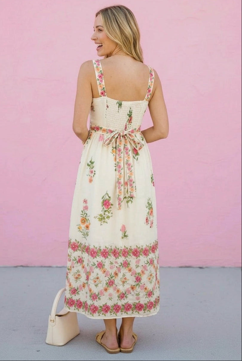 woman wearing white dress with floral pattern