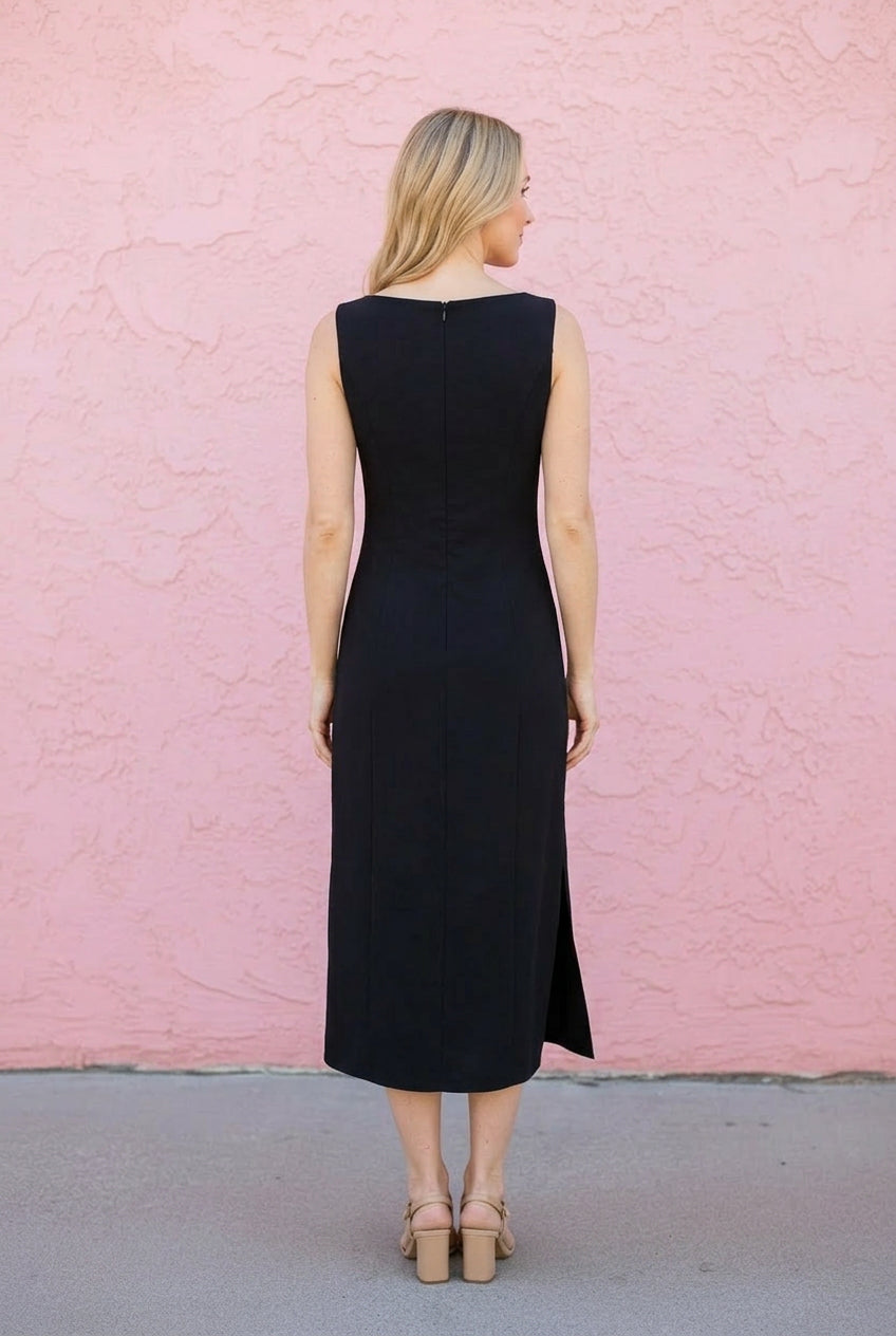 Roxie Midi Dress in black — back view showing back zip, thick straps, and clean midi length from Thread & Clover boutique