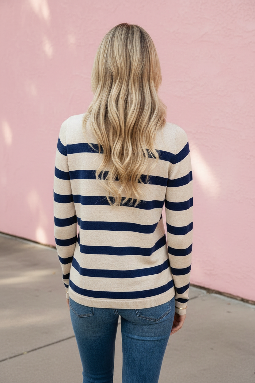 A woman with long blonde hair is shown from behind, wearing a cream and navy blue horizontally striped knit sweater and blue jeans, standing against a pink wall.