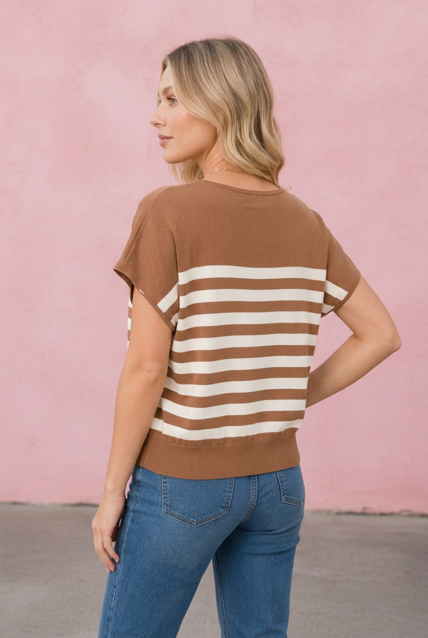 Poppy Striped Pullover in Camel/Cream — boxy striped knit pullover from Thread & Clover boutique