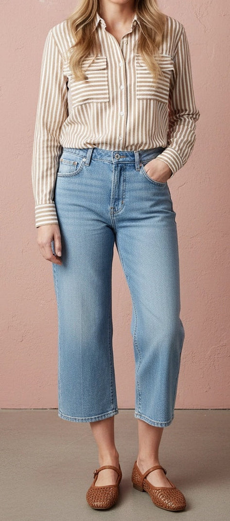 Woman wearing a striped shirt and blue jeans against a pink wall