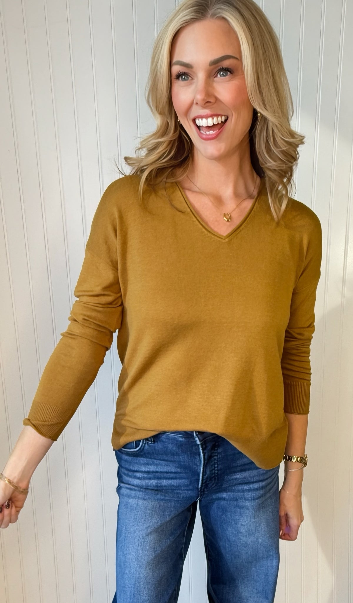 Sunny Side V-Neck Sweater in goldenrod — V-neck sweater from Thread & Clover boutique