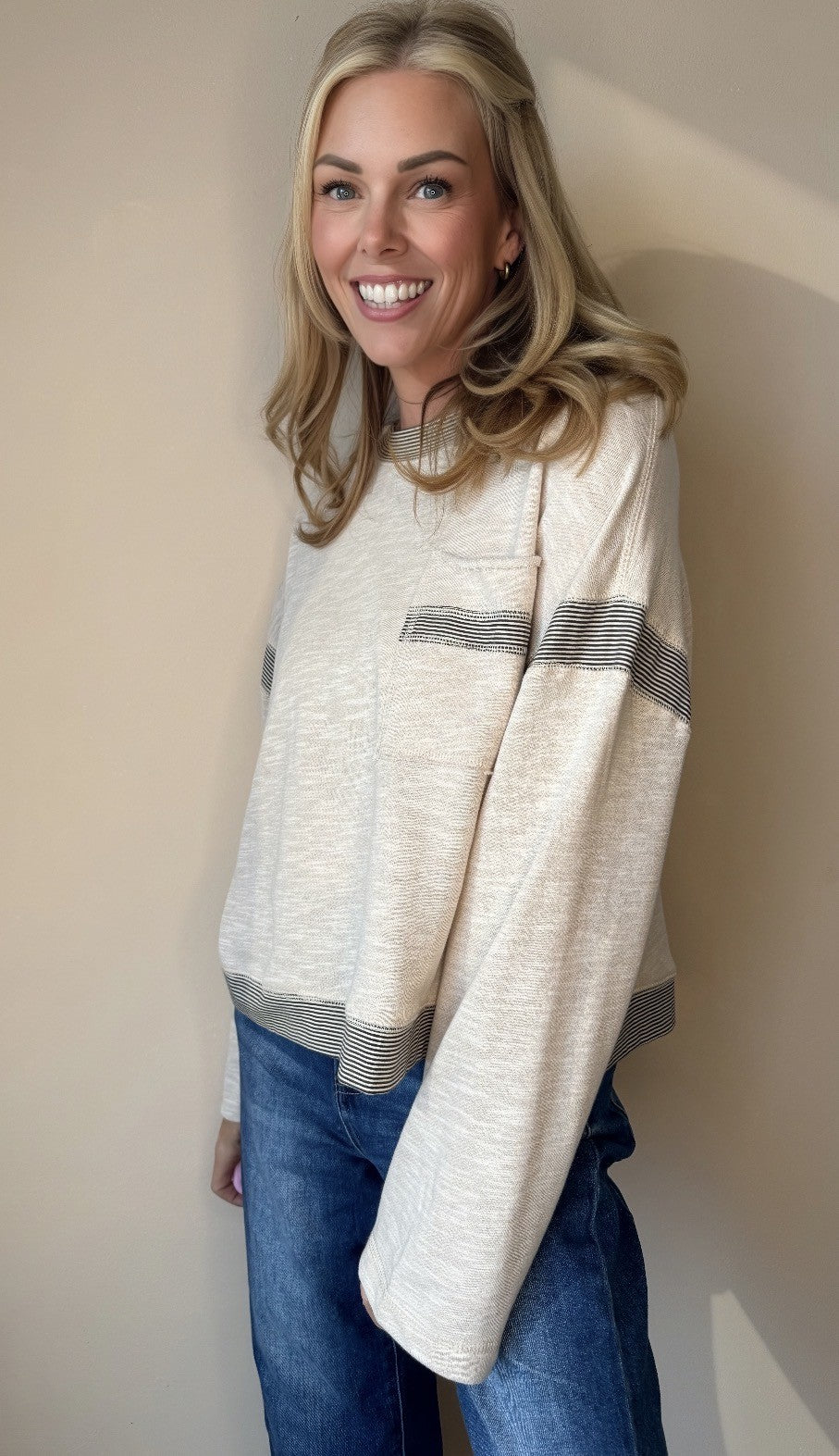 Dana Striped Long Sleeve Tee in Oatmeal — striped trim long sleeve tee from Thread & Clover boutique