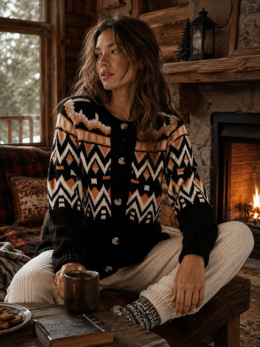 Autumn Fairisle Cardigan in Black/Autumn — button-front fairisle knit from Thread & Clover boutique