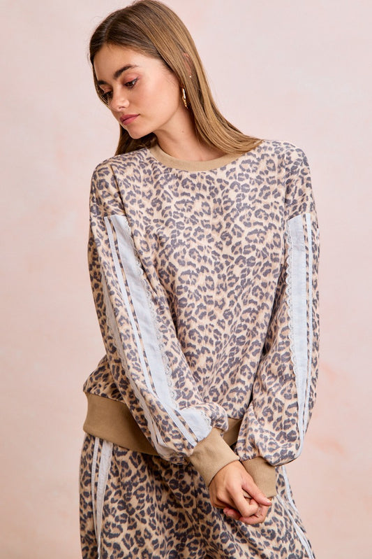 Ellie Leopard Sweatshirt with striped lace-trim sleeves — oversized leopard print pullover from Thread & Clover boutique