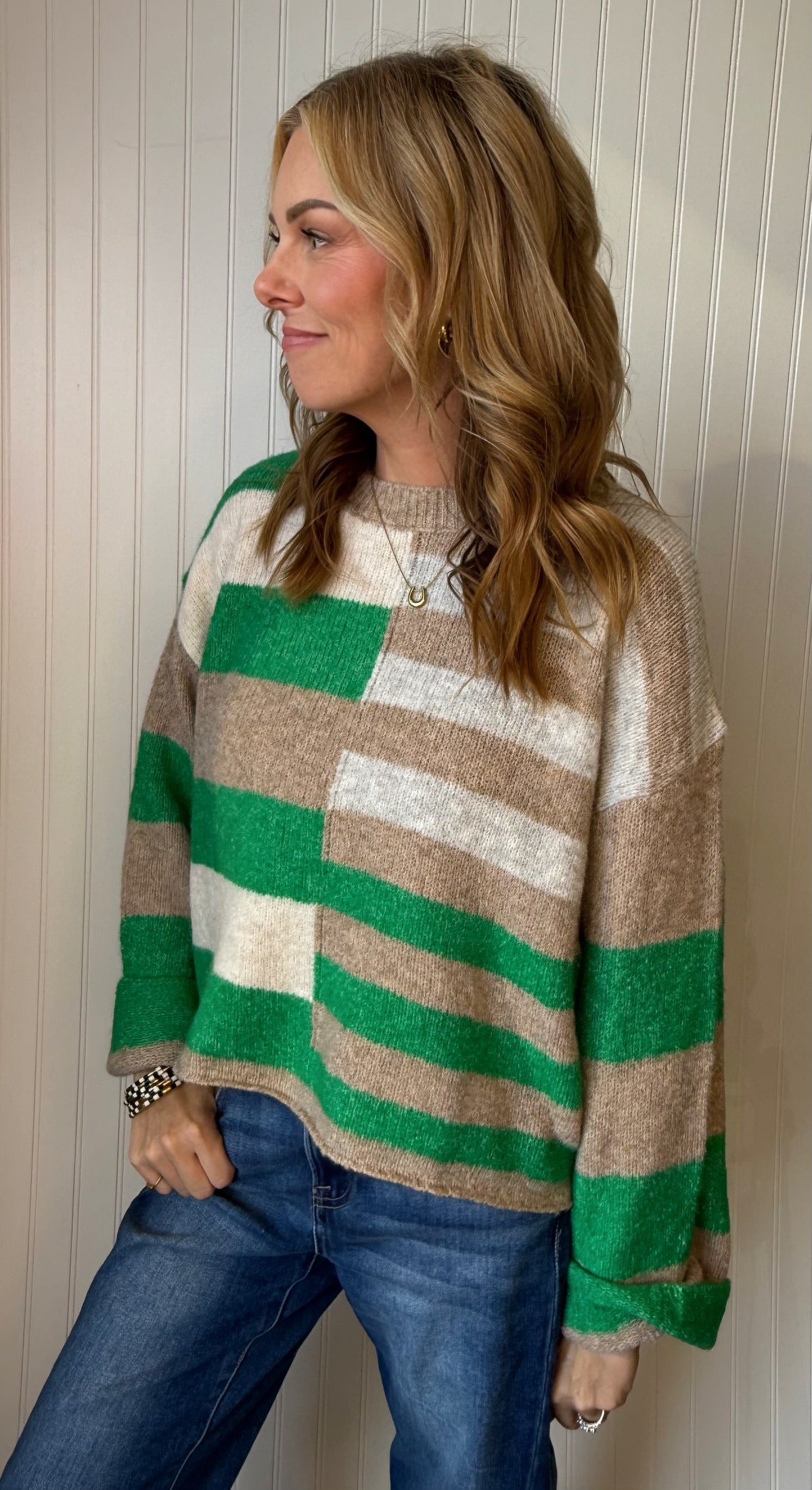 Delilah Striped Sweater in Kelly/Oat — color-block knit sweater from Thread & Clover boutique