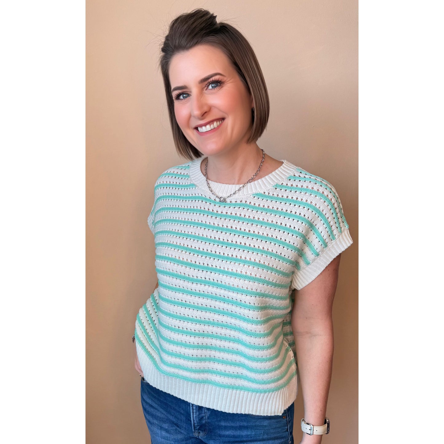 Sunny in Stripes Sweater in taffy pink — cheerful stripe open-knit sweater from Thread & Clover boutique