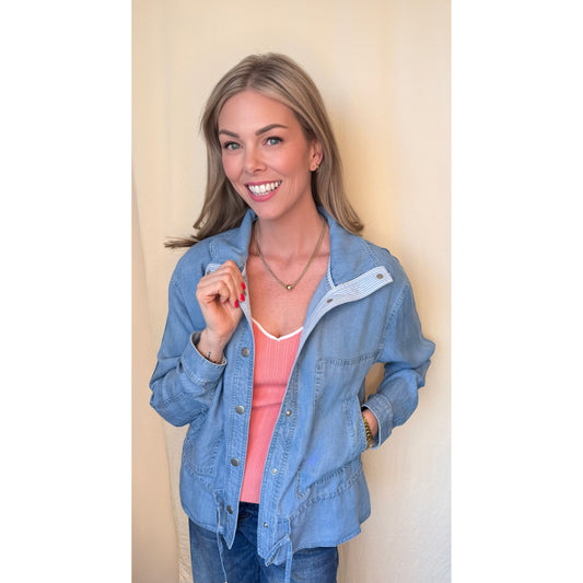 Sweet in Chambray Jacket front view — lightweight chambray button-down jacket from Thread & Clover boutique