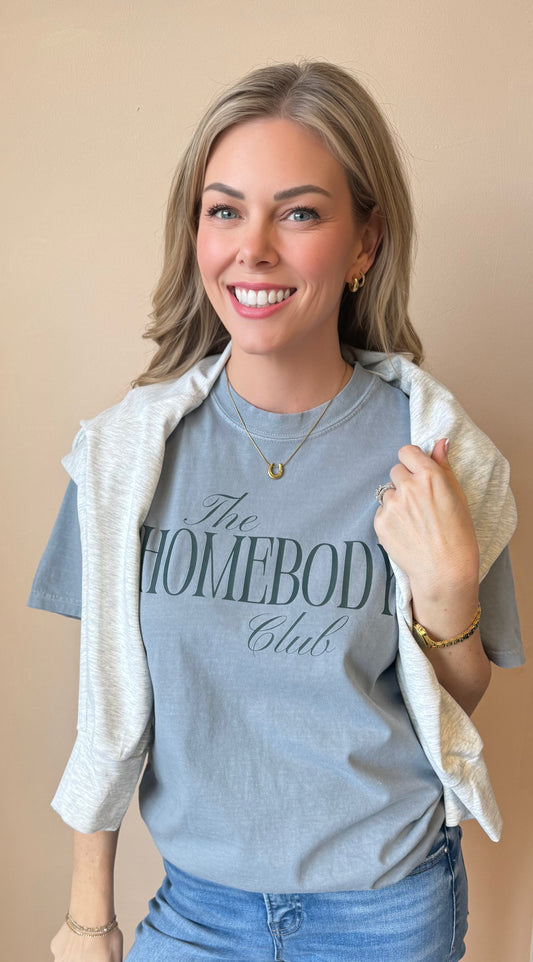Homebody Club Tee in charcoal — cozy graphic tee from Thread & Clover boutique