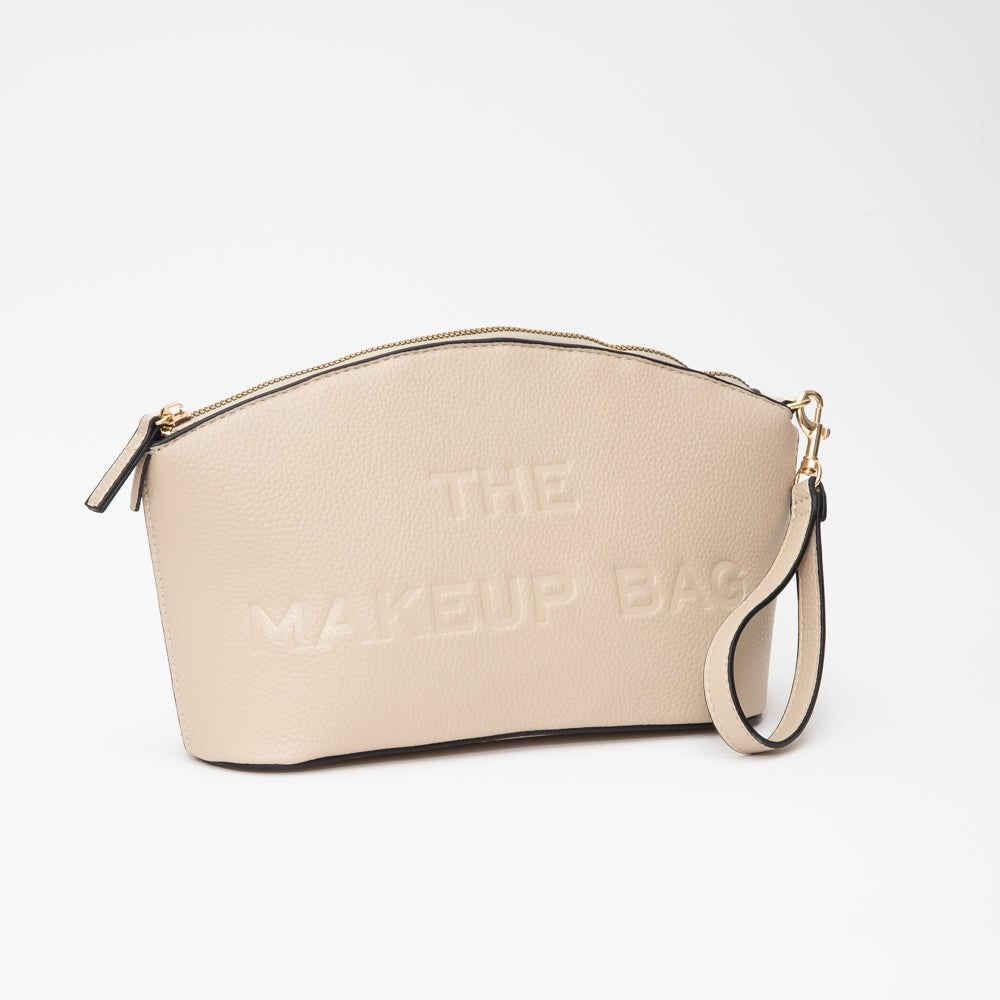 Embossed Makeup Pouch in Beige — vegan leather makeup bag from Thread & Clover boutique