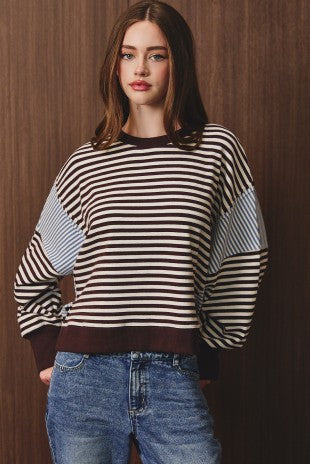 Aimee Striped Slouchy Sweatshirt in Chocolate/Cream — oversized striped sweatshirt from Thread & Clover boutique
