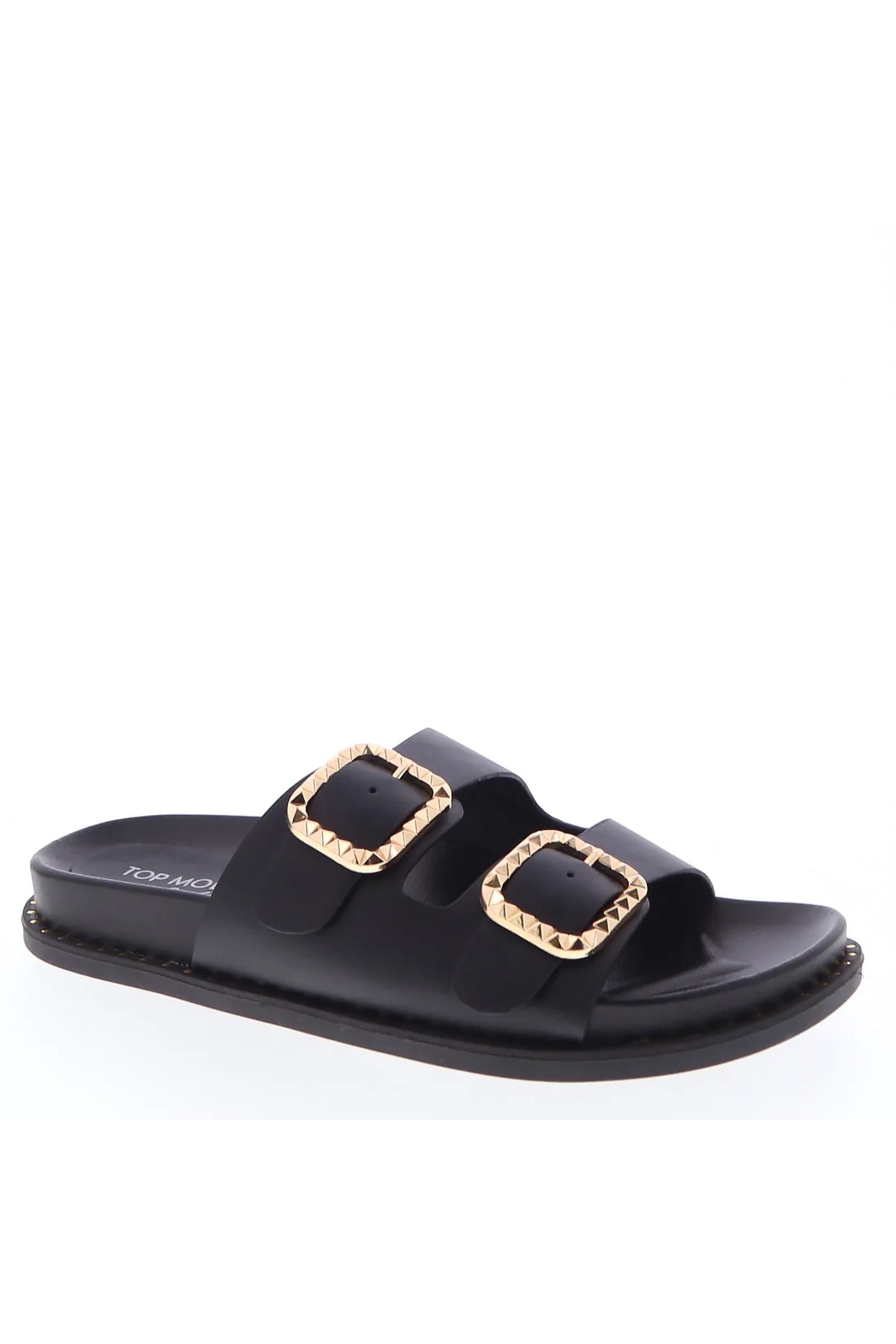 Sailor Double Strap Sandal in black — studded gold buckle detail and gold sole studs from Thread & Clover boutique