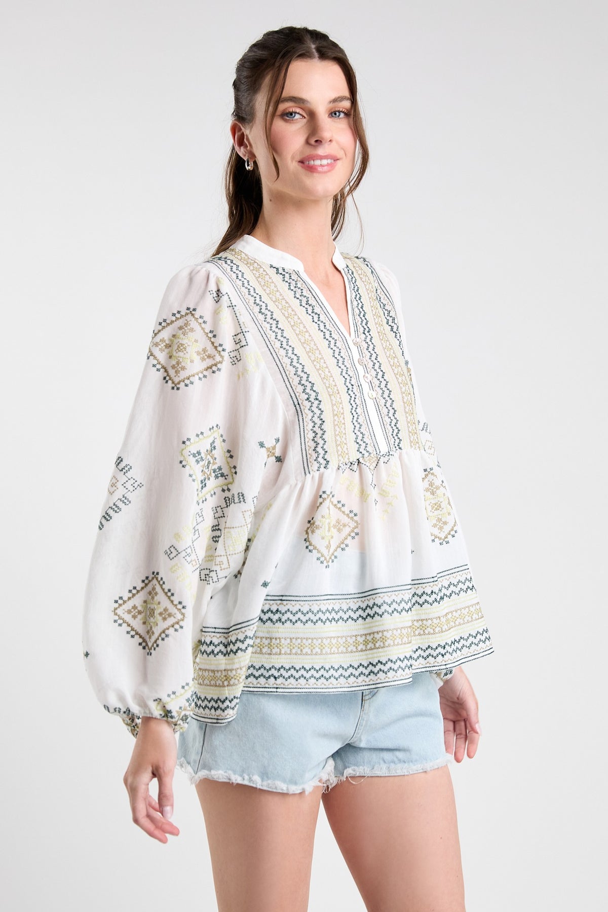 Bianca Embroidered Tunic Top in White/Teal/Green — embroidered Aztec print boho tunic from Thread & Clover boutique
