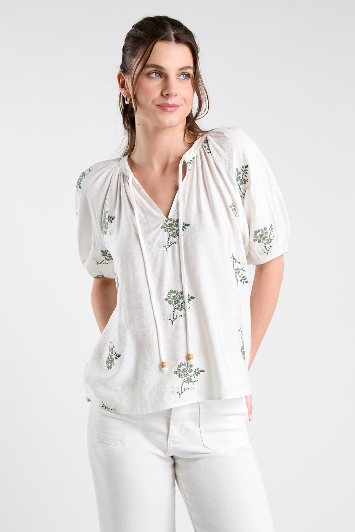 Camila Floral Embroidered Top in Ivory/Olive — embroidered floral boho top from Thread & Clover boutique