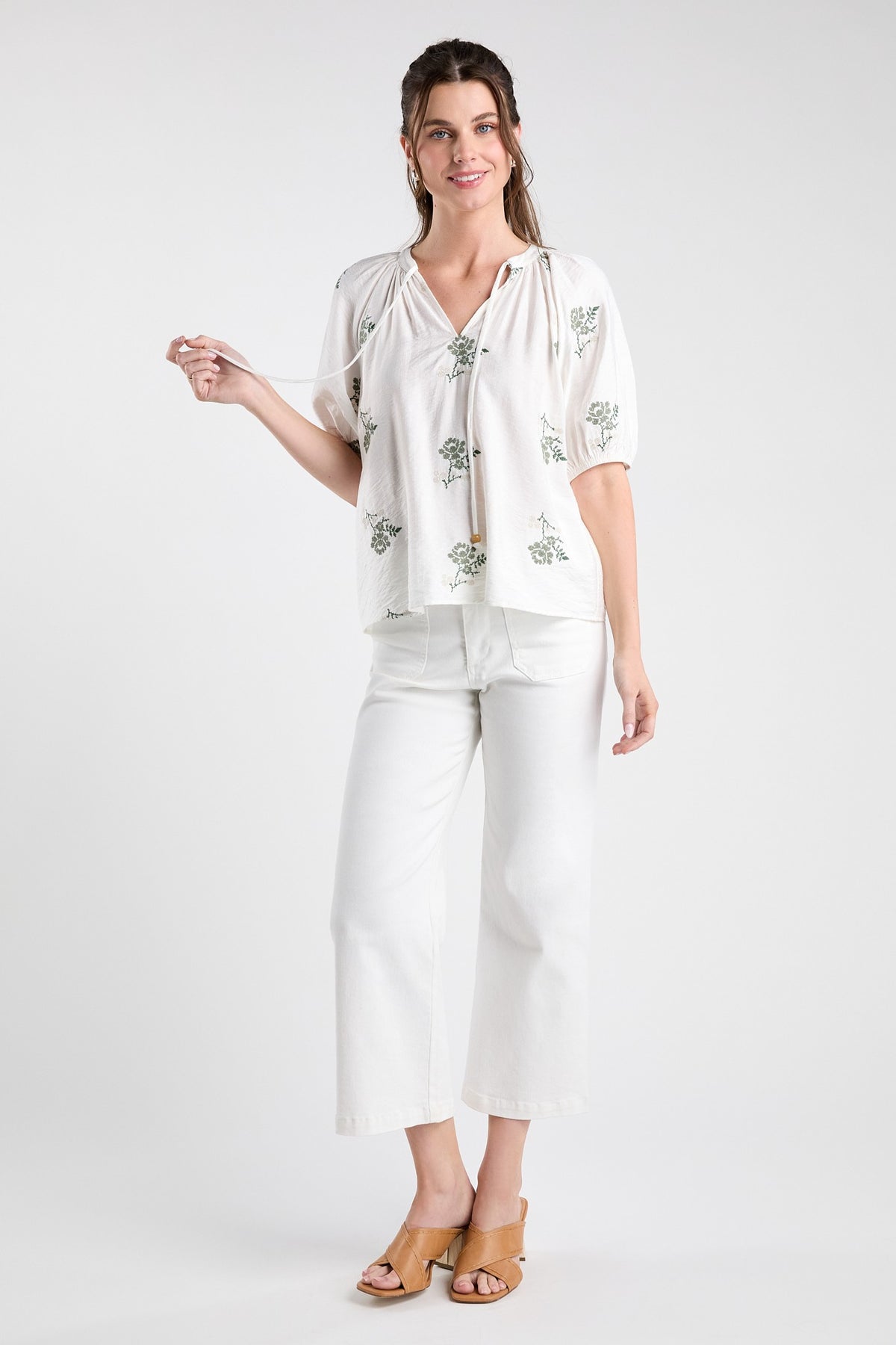Camila Floral Embroidered Top in Ivory/Olive — embroidered floral boho top from Thread & Clover boutique