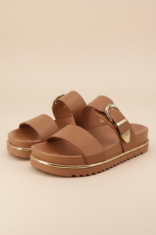 Freya Double Strap Platform Slide in oat — gold buckle accent and gold-trimmed platform sole from Thread & Clover boutique