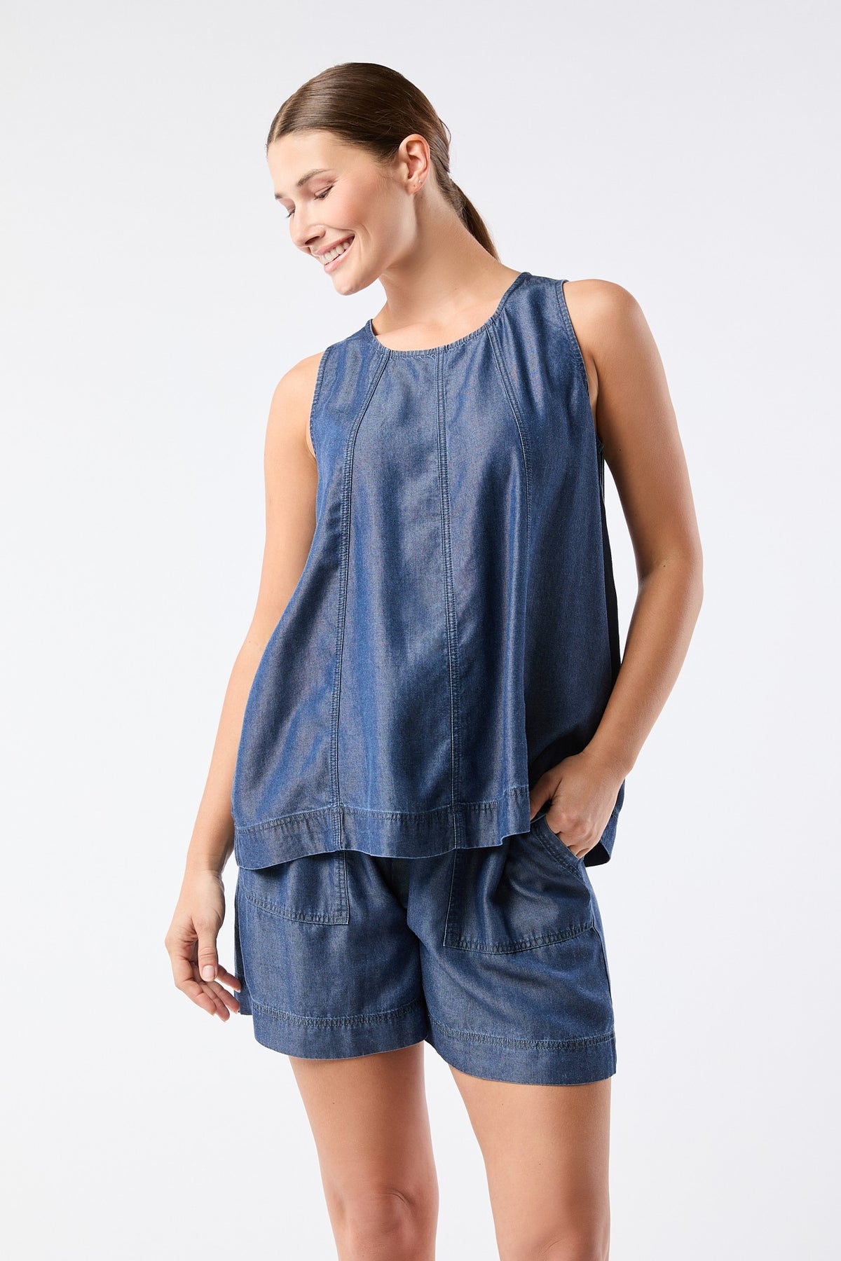 Ripple Swing Tank in Medium Wash — relaxed Tencel swing tank from Thread & Clover boutique