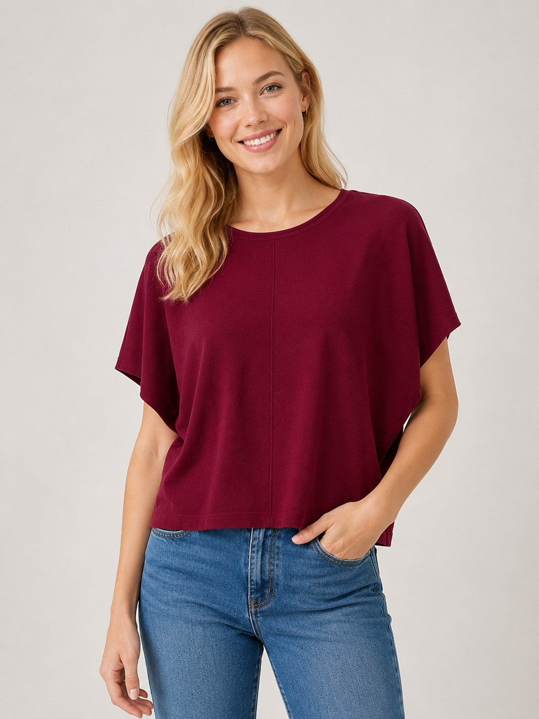 Winnie Short Sleeve Sweater in Burgundy — boxy short sleeve knit from Thread & Clover boutique