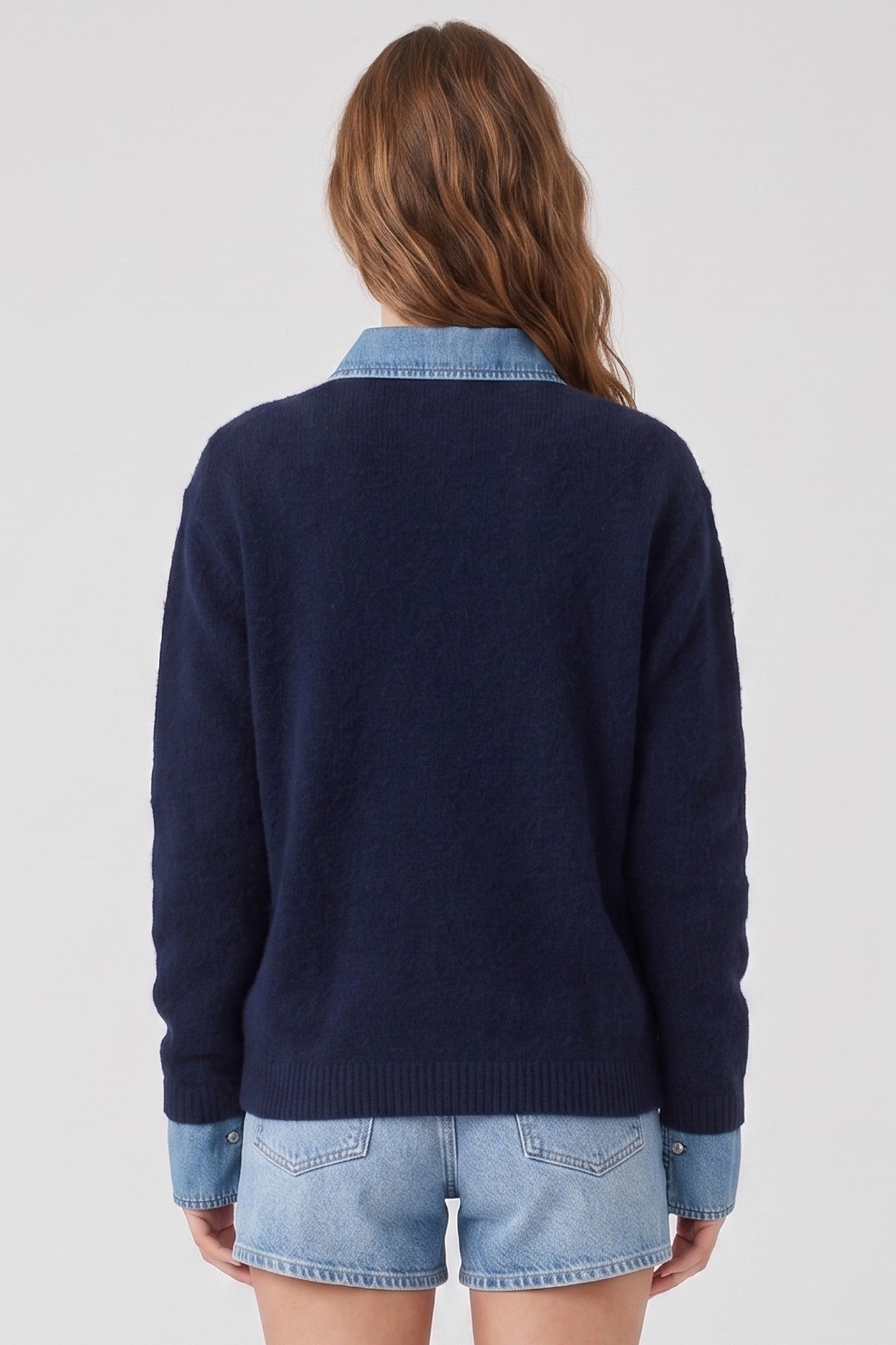 Denim Collar Daydream Sweater in Navy — knit polo sweater with denim collar from Thread & Clover boutique