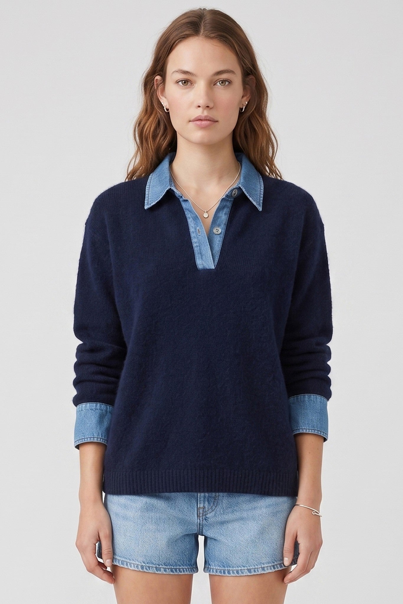 Denim Collar Daydream Sweater in Navy — knit polo sweater with denim collar from Thread & Clover boutique