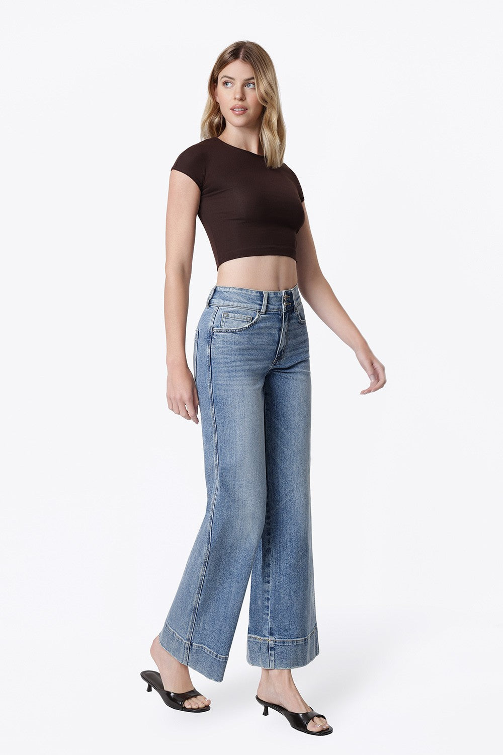 Frontier Half Yoke Wide Jean in The Backdrop — super high rise wide leg trouser denim from Thread & Clover boutique