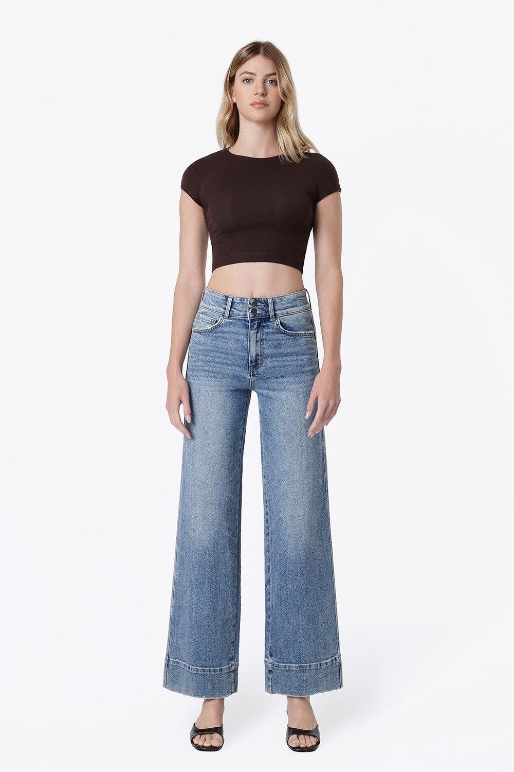 Frontier Half Yoke Wide Jean in The Backdrop — super high rise wide leg trouser denim from Thread & Clover boutique
