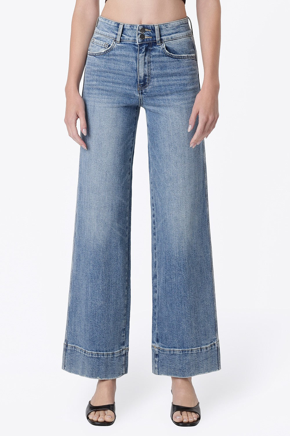 Frontier Half Yoke Wide Jean in The Backdrop — super high rise wide leg trouser denim from Thread & Clover boutique