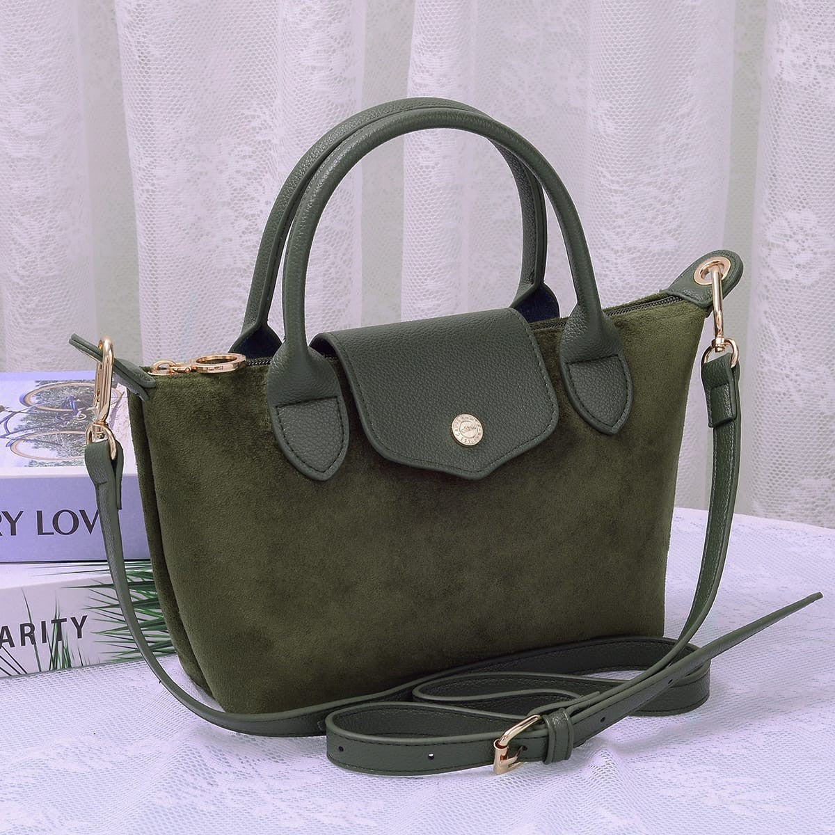 Britney Suede Double Handle Crossbody Bag — suede crossbody with gold hardware from Thread & Clover boutique
