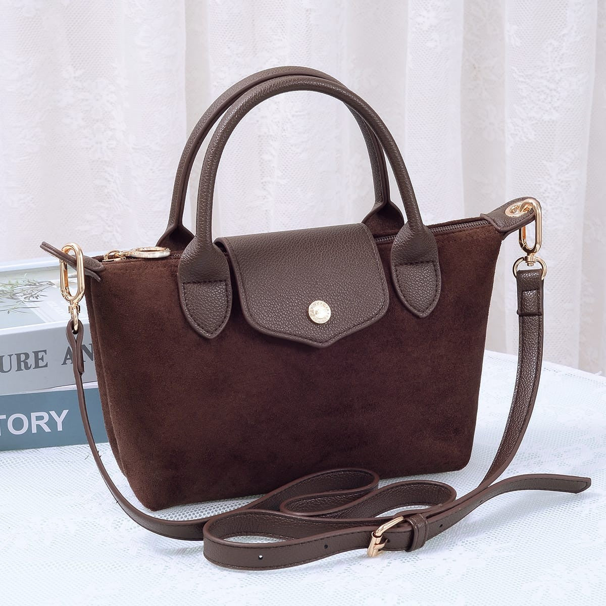 Britney Suede Double Handle Crossbody Bag — suede crossbody with gold hardware from Thread & Clover boutique