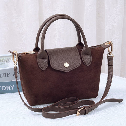 Britney Suede Double Handle Crossbody Bag — suede crossbody with gold hardware from Thread & Clover boutique