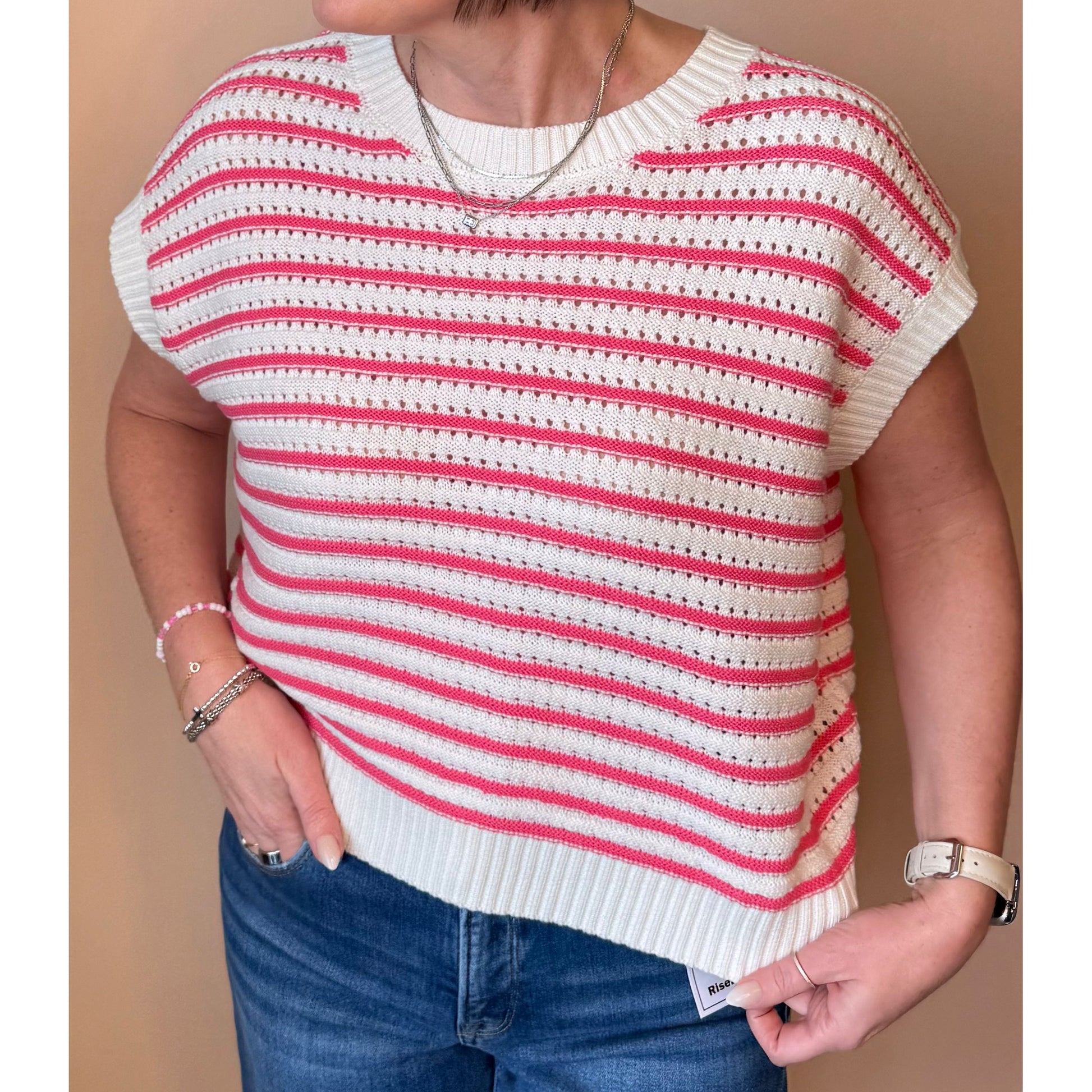 Sunny in Stripes Sweater back view — lightweight knit stripe sweater from Thread & Clover boutique