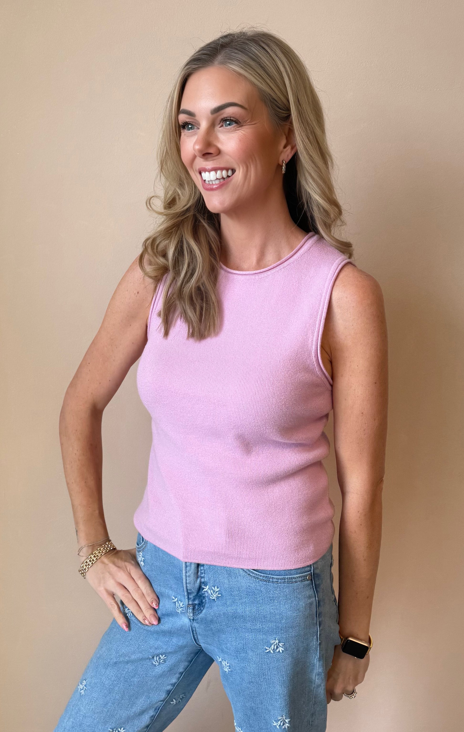 Pink Petunia Vest styled in pink — ribbed vest with wide leg pants from Thread & Clover boutique