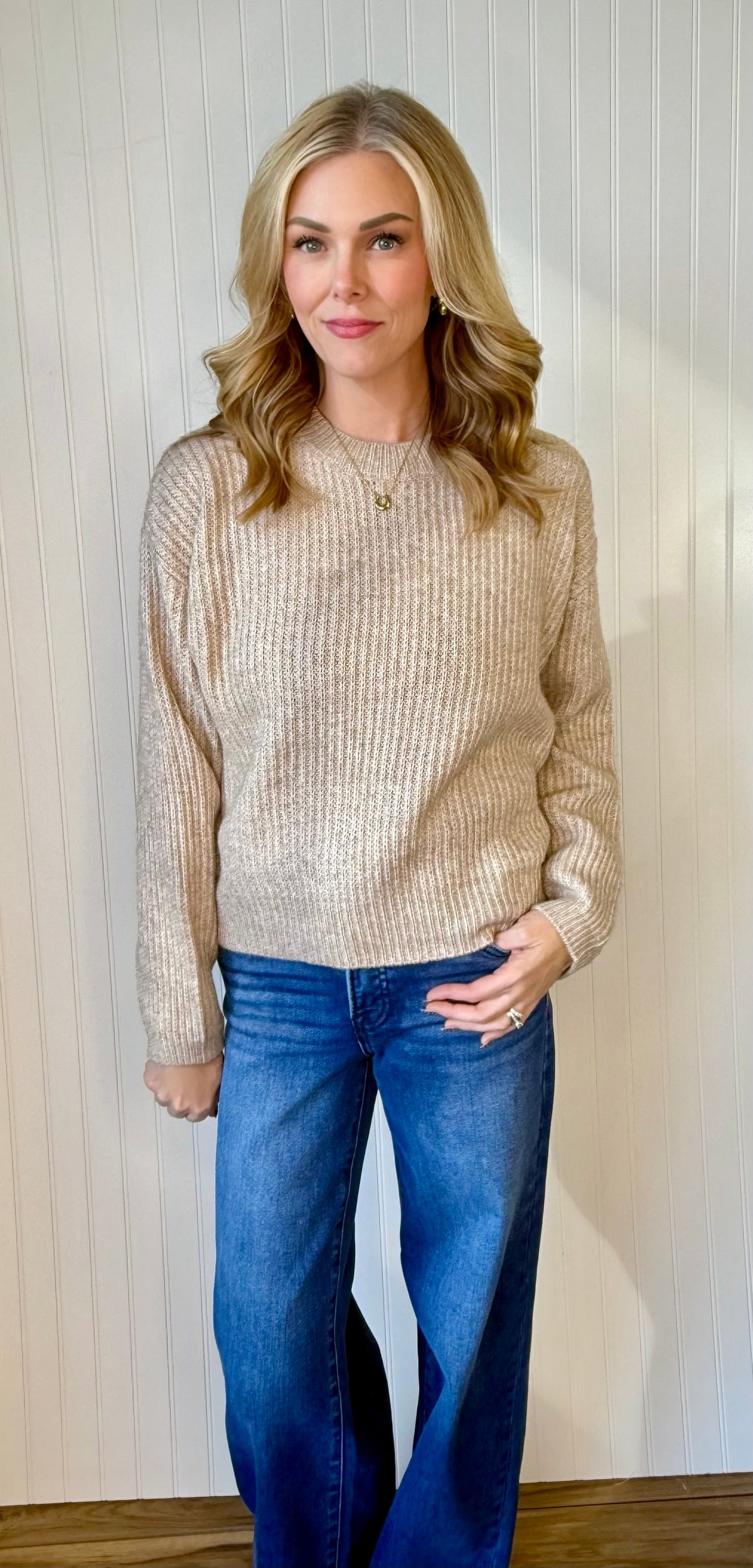 Weekend Plans Crew Neck Sweater in taupe — crew neck sweater from Thread & Clover boutique