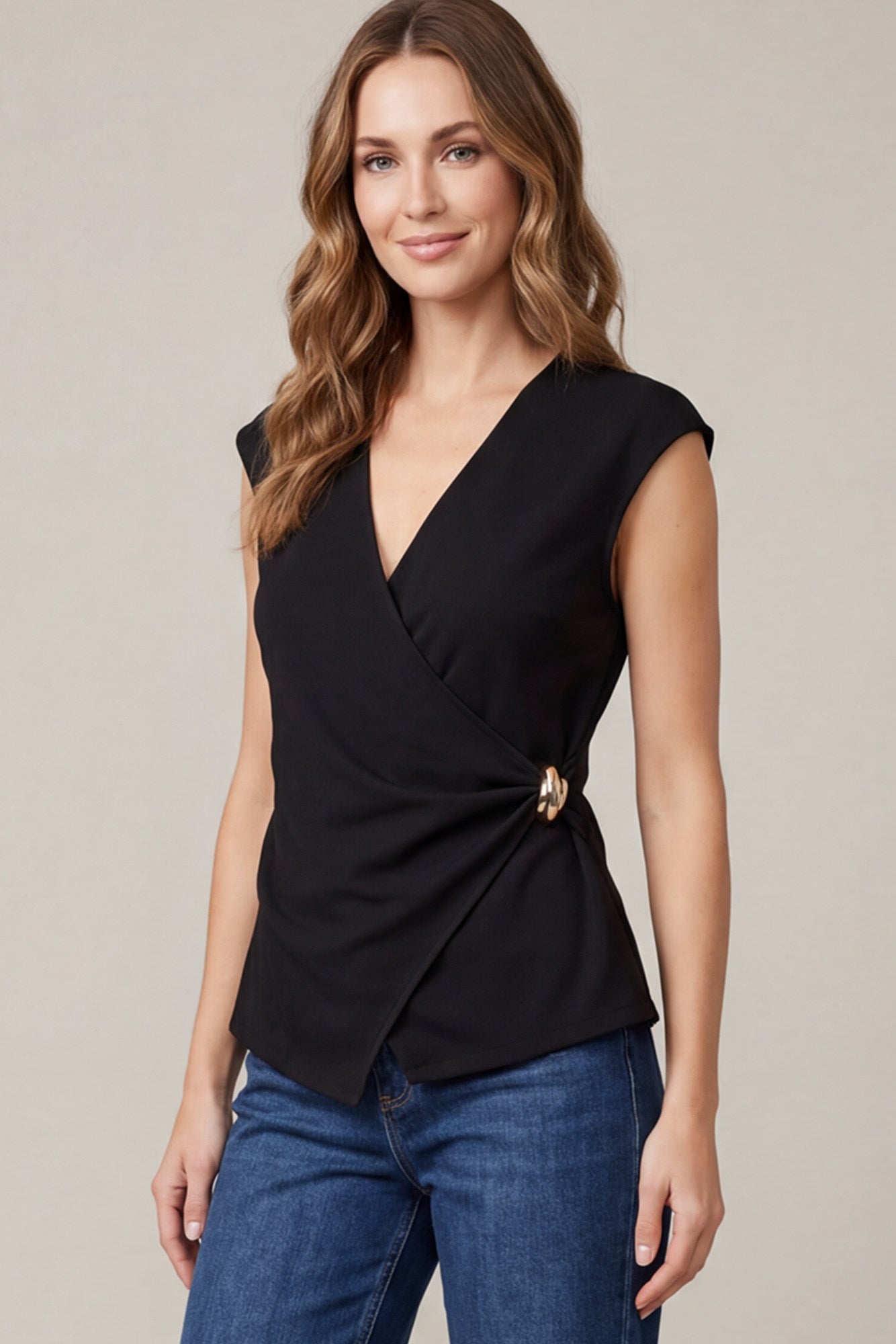 Sleeveless Knit Wrap V-Neck Top in Black — knit wrap V-neck top from Thread & Clover boutique