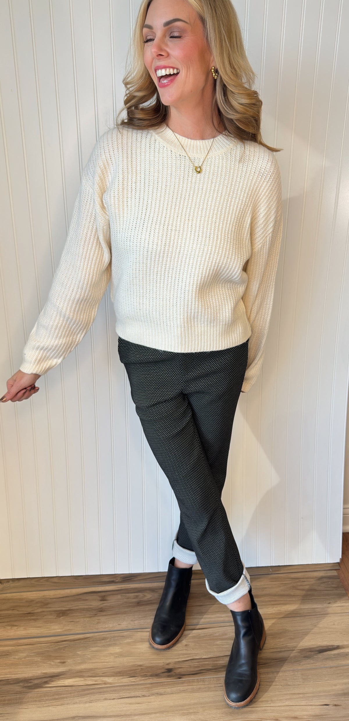 Boardroom Dot Trousers in black and white dot — dot print trousers from Thread & Clover boutique