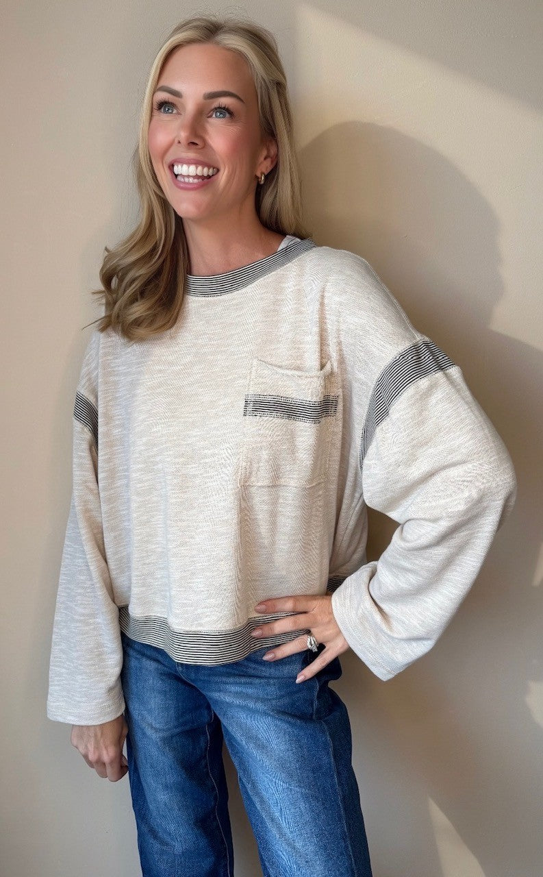 Dana Striped Long Sleeve Tee in Oatmeal — striped trim long sleeve tee from Thread & Clover boutique