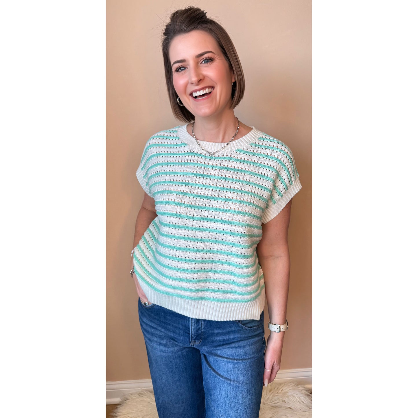 Sunny in Stripes Sweater styled in mint — lightweight stripe knit with jeans from Thread & Clover boutique