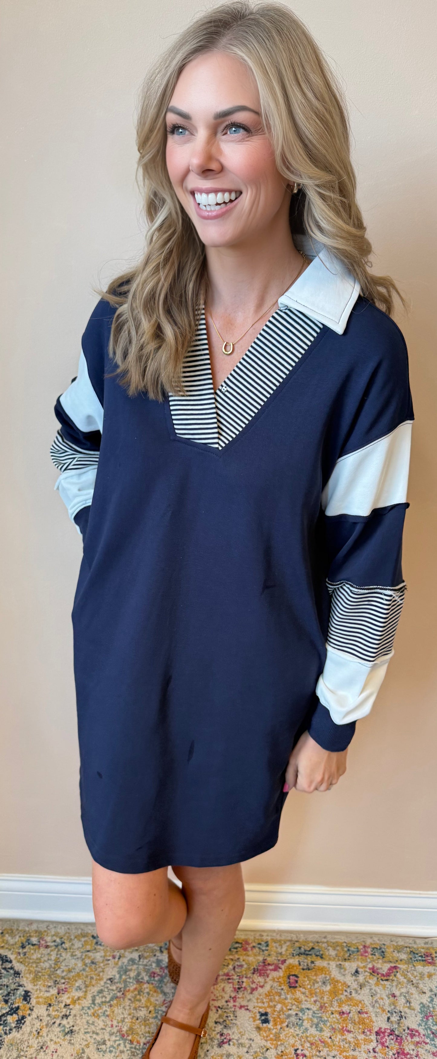 Cute and Comfy Striped Dress – Women’s Navy Long Sleeve Sporty Casual Shift Dress