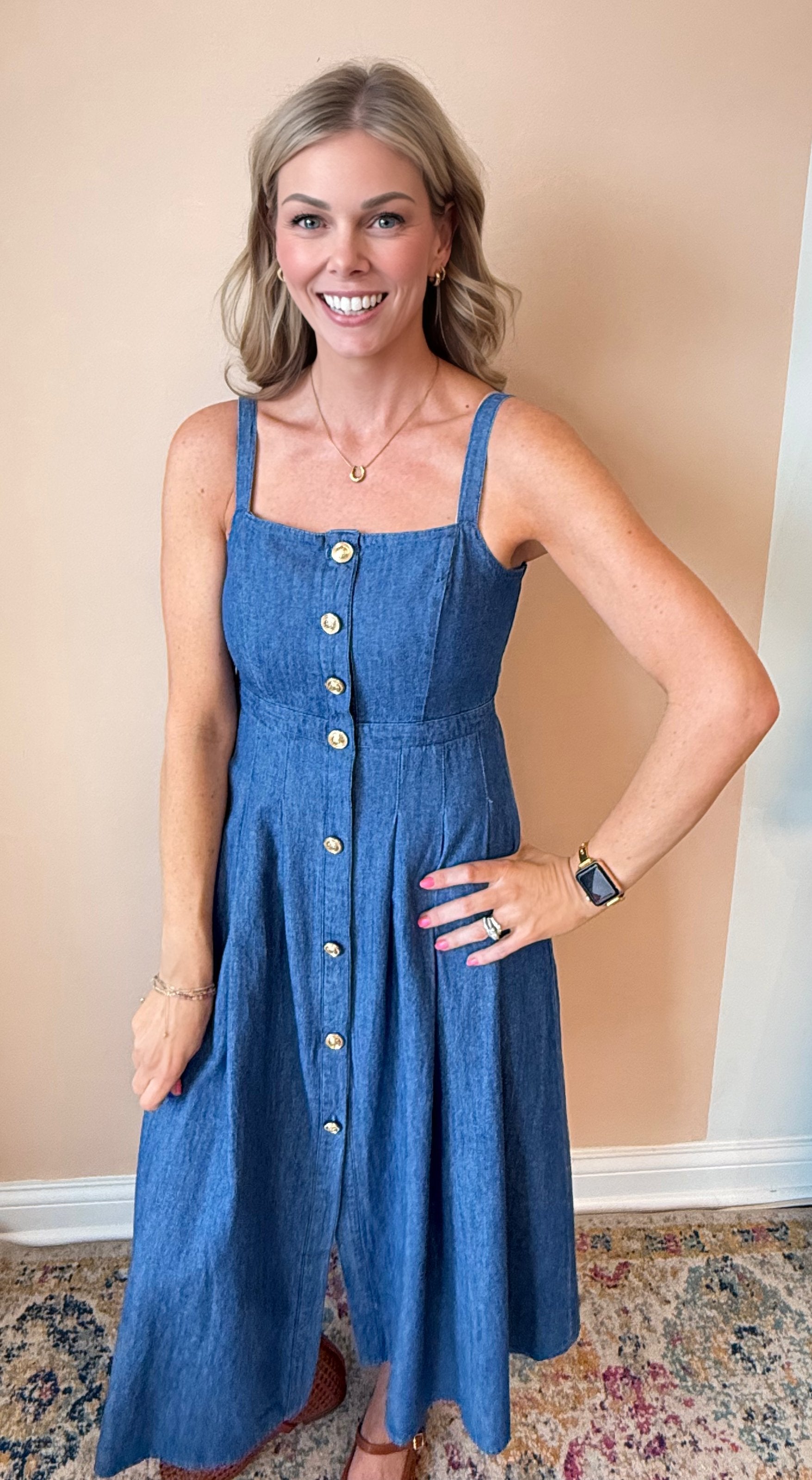 denim a line midi dress Xyan Navy Denim Lapel Halter A-Line Midi Dress