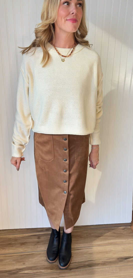 Josie Faux Suede Midi Skirt in caramel — faux suede midi skirt from Thread & Clover boutique