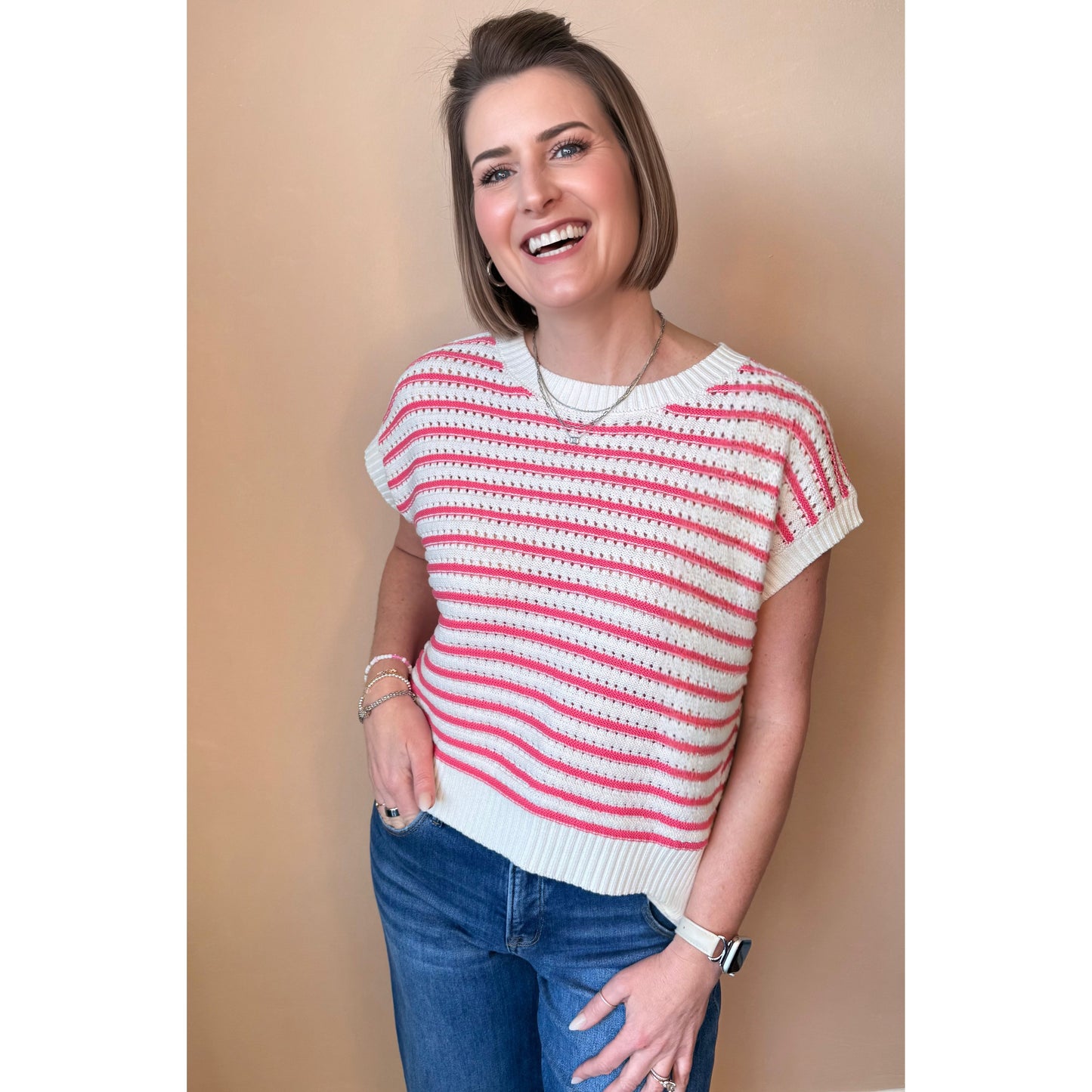 Sunny in Stripes Sweater close-up — open-knit stripe texture from Thread & Clover boutique