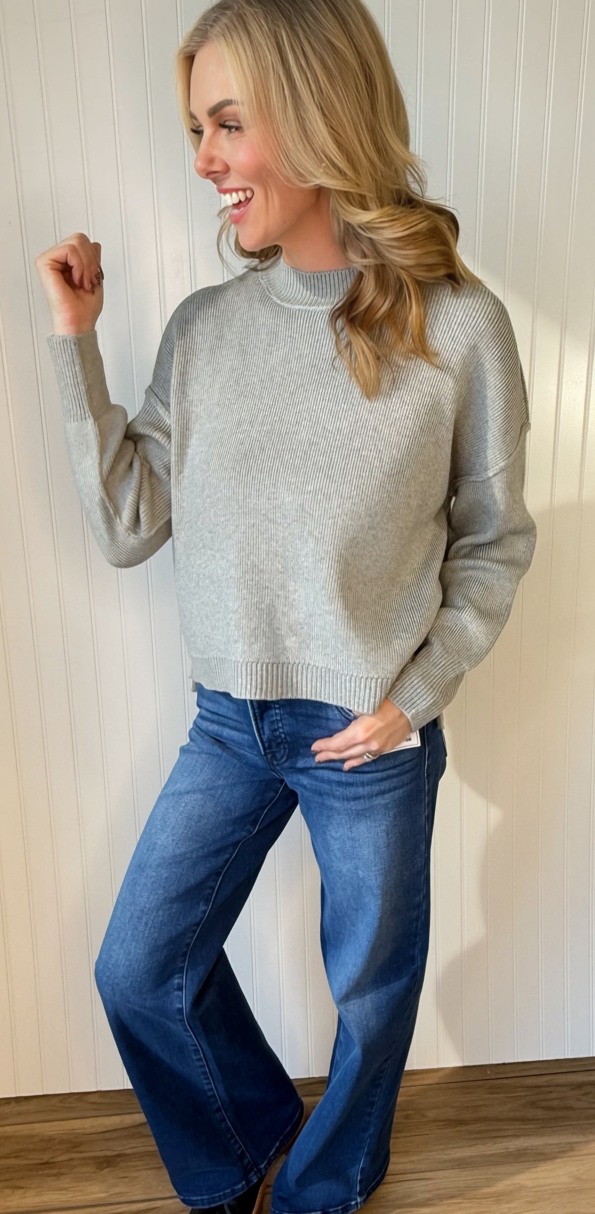 Rainy Day Ribbed Sweater in heather grey — ribbed sweater from Thread & Clover boutique