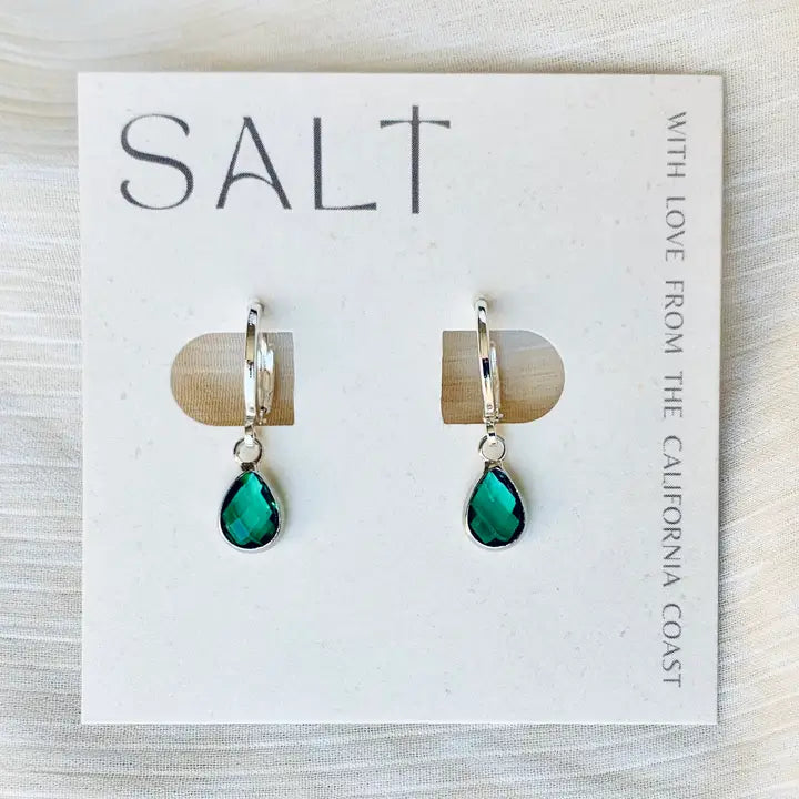 Teal Emerald Gem Hoops — teal emerald gem hoop earrings from SALT, at Thread & Clover boutique