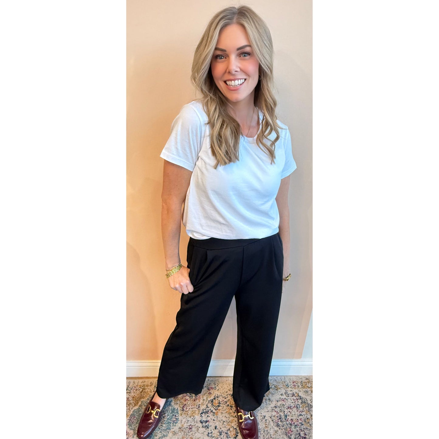 Tried and True Bootcut Trouser side view in black — bootcut stretch pant from Thread & Clover boutique
